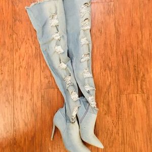 Over The Knee Ripped Denim Boots